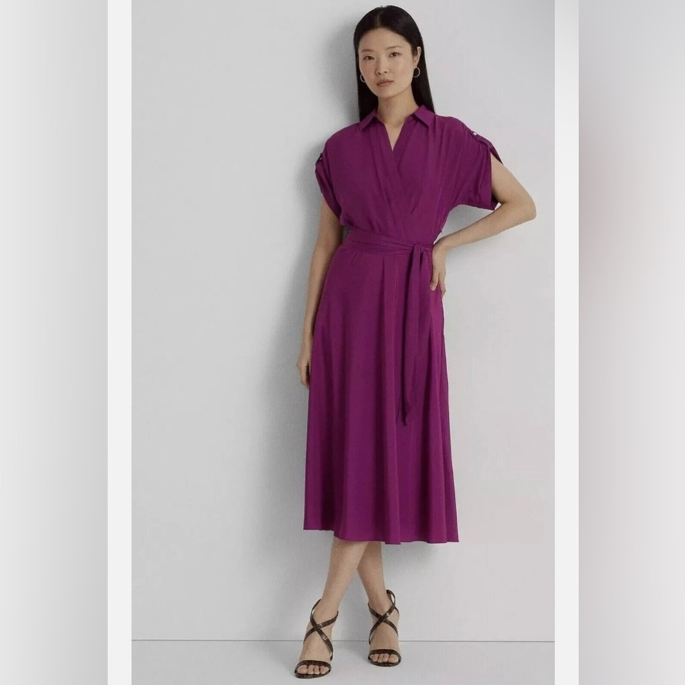 Lauren Ralph‎ Lauren Belted Crepe Dress in Plum Purple Size 8
